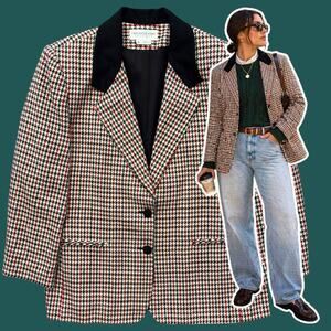 Cross Country Houndstooth Equestrian Blazer Size 18 Tweed Preppy Academia Boxy